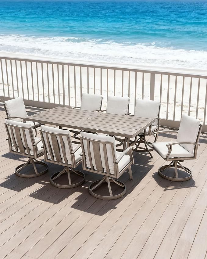 9-Piece Patio Dining Set for 8, Aluminum Outdoor Swivel Dining Set with Cushions, Outdoor Dining Set with Umbrella Hole, Patio Table and Chairs Furniture Sets for Deck, Garden Yard, Limed Oak