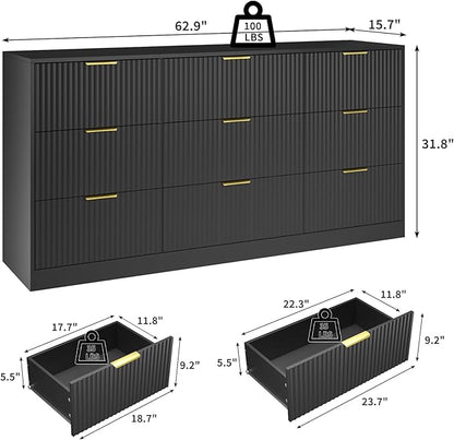 Dresser for Bedroom with 9 Drawer, 63” Long Black Dresser Modern Chest of Drawers with Metal Handle, Wood TV Stand Storage Organizer for Bedroom, Living Room, Black