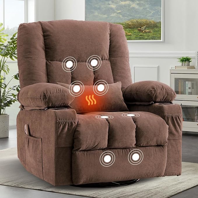 BOSMILLER Oversized Recliner Chair for Adults with Vibration Massage and Lumbar Heating Swivel Rocker Recliner with Cup Holder and USB Charge Port for Living Room