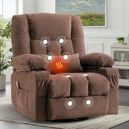 BOSMILLER Oversized Recliner Chair for Adults with Vibration Massage and Lumbar Heating Swivel Rocker Recliner with Cup Holder and USB Charge Port for Living Room