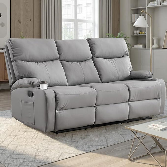3-Seater Manual Seater Reclining Anti-Scratch 3 Seat Reclining Sofa with Side Pocket and Cupholders Reclining Loveseat Sofa for Living Room Meeting Room Bedroom Office Apartment