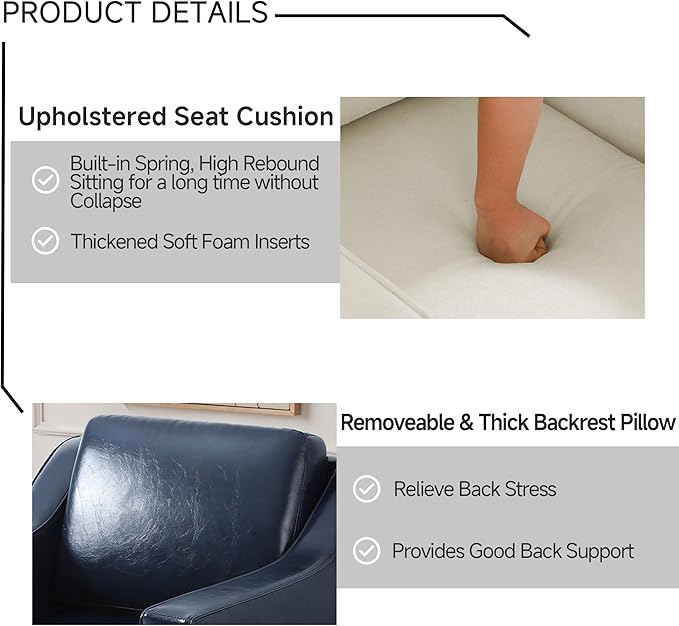 UIXE Faux Leather Swivel Accent Chair, Upholstered Arm Chair for Living Room, Modern Club Armchair Comfy Single Sofa Bedroom Reading Seat with Lumbar Pillow - Navy Blue