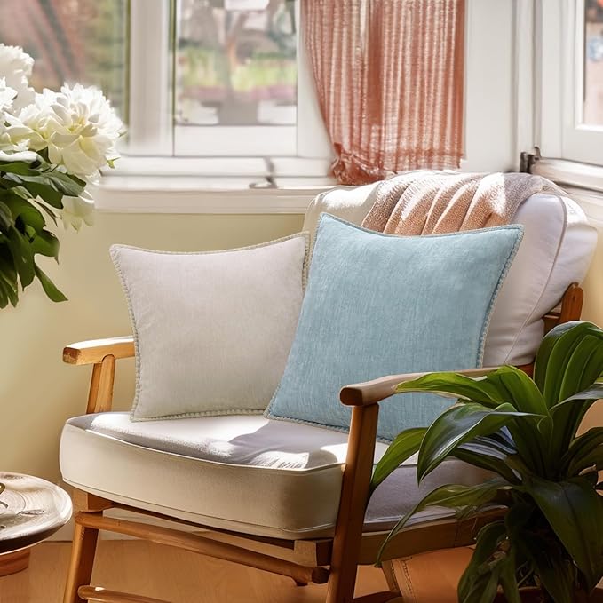 decorUhome Chenille Soft Throw Pillow Covers 24x24 Set of 2, Farmhouse Velvet Neutral Decorative Euro Pillow Covers with Stitched Edge for Couch Sofa Bed Home Decor, Aqua Haze