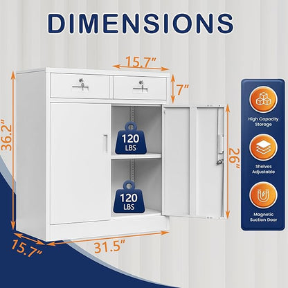 Metal Storage Cabinet, 36 Inch Tall Metal Storage Cabinet with Doors and Shelves, Pantry Cabinets with Drawer for Kitchen Storage, Garage Cabinet for Living, Dining Room, Assemble Required.