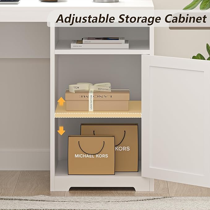 63" Farmhouse L Shaped Executive Desk with Drawers & Storage Shelf, Corner Computer Desk with Power Outlets, L Shaped Office Desk with Monitor Stand, Printer Shelf, White