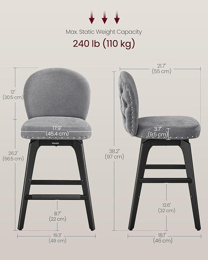 VASAGLE Bar Stools Set of 2, Swivel Counter Height Bar Stools with Back and Wood Legs, Chenille Fabric Upholstered Barstools, 26.2-Inch Tall Counter Barstools for Kitchen Island, Slate Gray