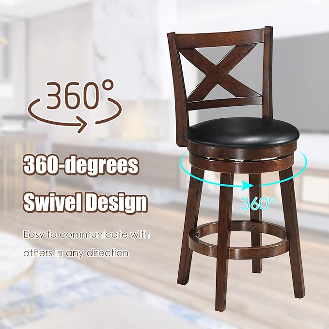 COSTWAY Bar Stools Set of 2, Counter Height Dining Chair, Fabric Upholstered 360 Degree Swivel, PVC Cushioned Seat, Perfect for Dining and Living Room