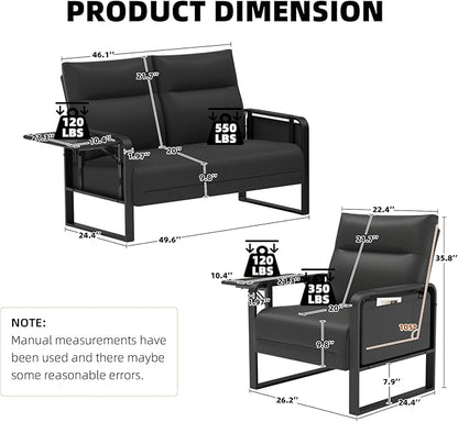 3-Piece Living Room Sofa Set, Faux Leather Loveseat & Accent Chairs Set of 2 with Foldable Tray Table & Storage Pocket, Upholstered Sofa Set for Small Spaces, Office, Black