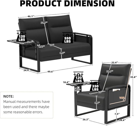 3-Piece Living Room Sofa Set, Faux Leather Loveseat & Accent Chairs Set of 2 with Foldable Tray Table & Storage Pocket, Upholstered Sofa Set for Small Spaces, Office, Black