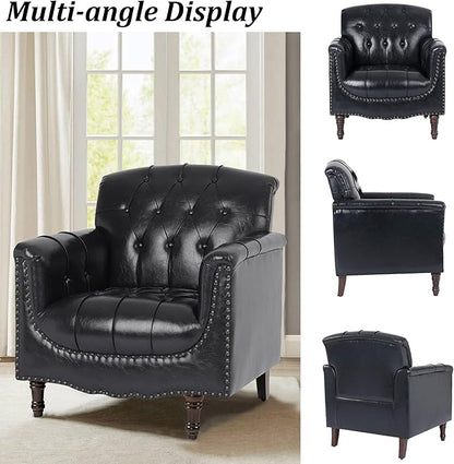 Faux Leather Accent Chair, PU Leather Modern Comfy Upholstered Armchair with Wood Legs & Nailhead Trim for Living Room, Bedroom