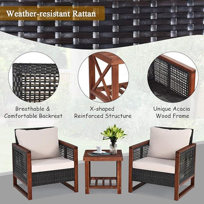 COSTWAY 3 Pieces Wicker Patio Furniture Set, Outdoor Wicker Sofa with Acacia Wood Frame, Coffee Table & Washable Cushions, Rattan Conversation Sets for Yard, Porch, Bistro, Balcony, Backyard, Beige