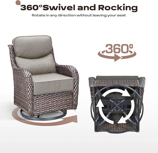 Rilyson Wicker Outdoor Patio Furniture Set - 5 Piece Patio Conversation Sets with Swivel Rocker Chairs, Ottomans and Sofa, 6 inch Cushions, Waterproof Wicker, for Porch Deck Brown/Beige