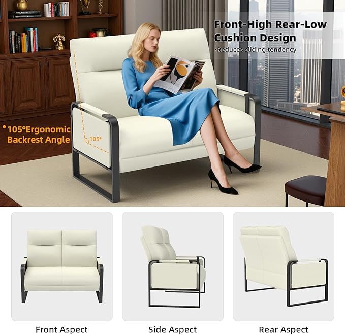 Modern Leather Loveseat, Small Sofa with Side Tray & Pocket, Upholstered Mini Couch for Living Room, Office, Guest Room, Beige