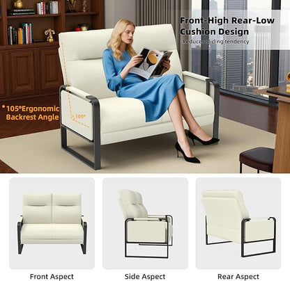 Modern Leather Loveseat, Small Sofa with Side Tray & Pocket, Upholstered Mini Couch for Living Room, Office, Guest Room, Beige
