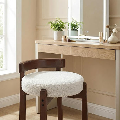 HNY Modern Boucle Ottoman : Upholstered Vanity Chair with Solid Wood Legs, Cute Round Footrest for Bedroom & Living Room, White