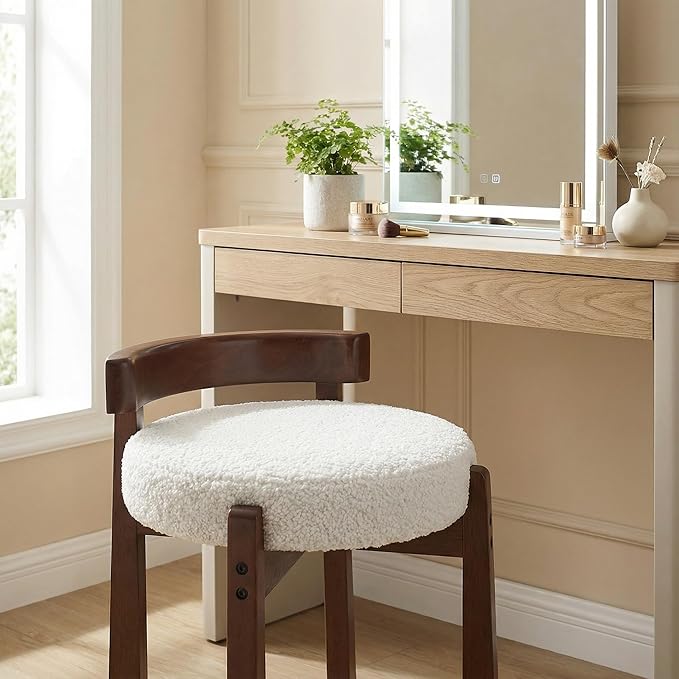 HNY Modern Boucle Ottoman Set of 2 Upholstered Vanity Chair with Solid Wood Legs, Cute Round Footrest for Bedroom & Living Room, White