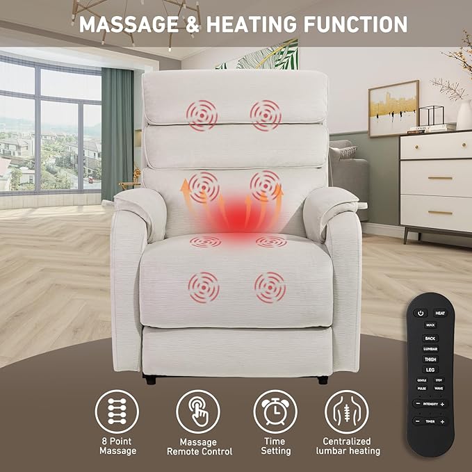 EONIX Wide Lay Flat Power Lift Recliner Chair for Elderly, Heavy Duty Oversized Fabric Lift Chairs Recliner Sofa with Heat and Massage and Charging Ports, Chenille White