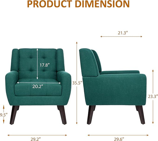 Accent Chairs Set of 4, Mid-Century Modern Upholstered Armchair, Comfy Fabric Living Room Chairs Reading Chairs with Button Tufted Back & Solid Wood Legs for Bedroom, Office, Light Blue