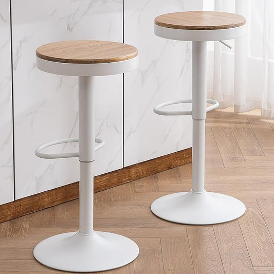Kidol & Shellder Bar Stools Set of 2 Round Adjustable Swivel Barstools Modern Backless Bar Chairs Wooden Seat Counter Height Stools Armless for Kitchen Island, Cafe, Dining Room White