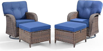 4-piece rotating balcony chair set with 31-inch T-shaped wide backrest - rattan outdoor rotating balcony chairs, wide backrest comfortable outdoor sliding chair - Brown Rattan | Blue Cushions