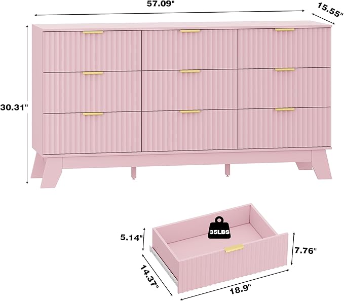 Fluted Dresser for Bedroom with 9 Drawers, 57" Pink Dressers & Chest of Drawers for Girls, Mid Century Modern Dresser of Closet TV Stand, Boho Wood Chests of Drawer for Living Room, Hallway, Pink