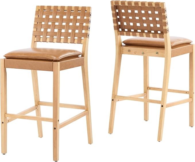 Christopher Knight Home Caitlyn lndoor Barstool Set of 2, Counter Height Stool with Footrest/Backrest for Bar Table, Natural Rubberwood Frame with Faux Leather Upholstery Counter Stool, Brown+Natural