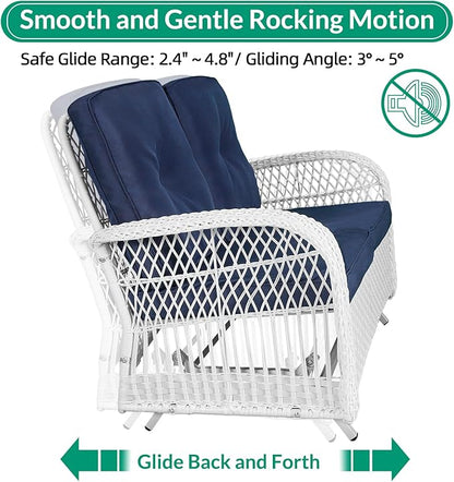 VIVIJASON 2-Piece Patio White Wicker Loveseat Glider Set Cushioned, Outdoor Conversation Furniture Sets W/ 2-Seater Glider Rocking Bench, Coffee Table and Cushions for Porch Garden Poolside, Navy Blue