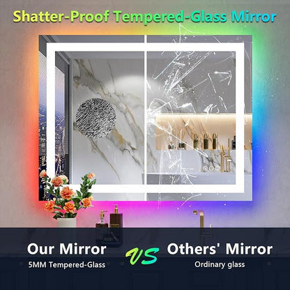 36x28 Inch RGB LED Bathroom Mirror Front Light and RGB Backlit Lighted Vanity Mirror for Bathroom Wall Mounted Dimmable Anti Fog Memory Shatter-Proof IP54 Waterproof Horizontal/Vertical