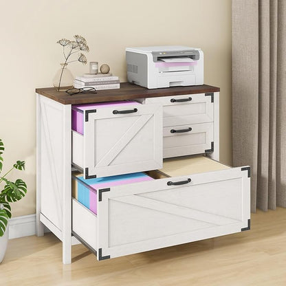 Lateral File Cabinet with 4 Drawers Farmhouse File Cabinet for Letter/Legal/A4 Size Hanging Files, Large Wood File Storage Cabinets Printer Stand for Home Office Cabinet, Rustic White