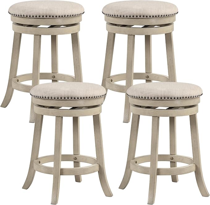 COSTWAY 360° Swivel Bar Stools Set of 4, 26.5-inch Height Upholstered Round Barstools with Wooden Frame, Seat and Footrest, Backless Solid Wood Counter Stools for Kitchen Island Bistro Pub, Beige