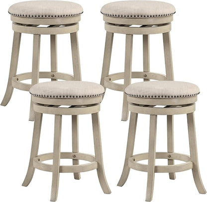 COSTWAY 360° Swivel Bar Stools Set of 4, 26.5-inch Height Upholstered Round Barstools with Wooden Frame, Seat and Footrest, Backless Solid Wood Counter Stools for Kitchen Island Bistro Pub, Beige