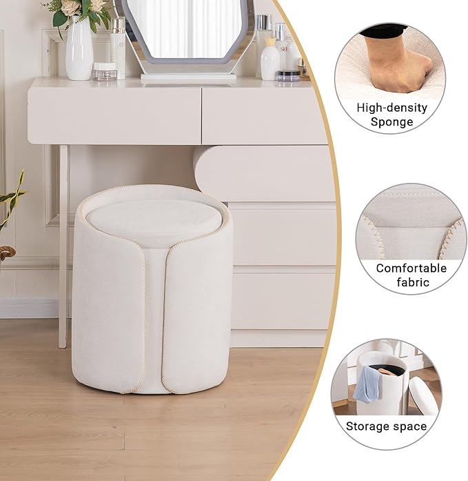 Swivel Vanity Stool with Gold Base Comfy Vanity Chair Modern Round Stool for Makeup Vanity Ottoman Foot Rest for Bedroom livingroom, Beige