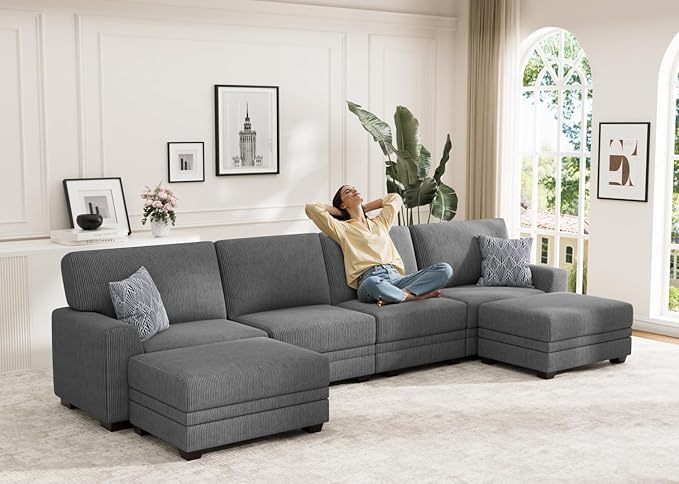 Wanderwell Oversized Modular Sectional Sofa, 6-Seater U Shaped Couches with Movable Ottoman,Corduroy Sectional Couch with Wide and Deep Seats Suitable for Living Room,Bedroom,Apartment (Grey, U-6)