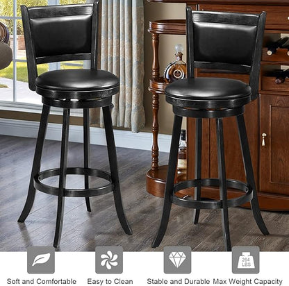 COSTWAY Bar Stools Set of 2, 360 Degree Swivel, Accent Wooden Swivel Back Bar Height Bar Stool, Fabric Upholstered Design, PVC Cushioned Seat (2 stools, Black 29'' Height)