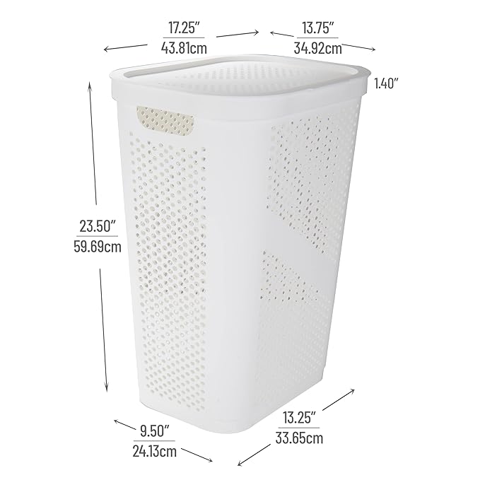 Mind Reader 60L Slim Laundry Hamper, Clothes Basket, Lid, Ventilated, Plastic, Set of 2, White