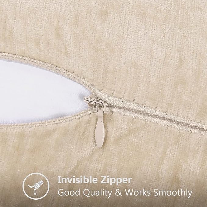 decorUhome Chenille Soft Throw Pillow Covers 18x18 Set of 2, Farmhouse Velvet Neutral Decorative Euro Pillow Covers with Stitched Edge for Couch Sofa Bed Home Decor, Beige