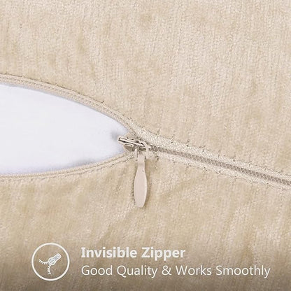 decorUhome Chenille Soft Throw Pillow Covers 18x18 Set of 2, Farmhouse Velvet Neutral Decorative Euro Pillow Covers with Stitched Edge for Couch Sofa Bed Home Decor, Beige