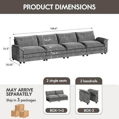 Homall 159" Modular Sectional Sofa, Linear Sofa Couch with Double-Layer Cushion, DIY Combination Chenille Deep 4-Seat Cloud Couch for Living Room, Apartment (Light Grey, Linear Sofa)