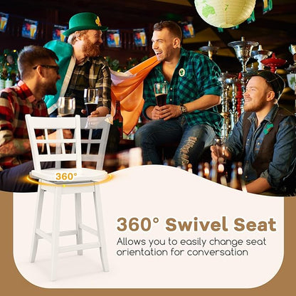 COSTWAY Swivel Bar Stools Set of 2, 24.5 Inch Counter Height Bar Chairs w/Hollow Backrest & Contoured Seat, Wooden Barstools w/Footrest for Kitchen Island, Pub, Bistro, Cafe (2, White)