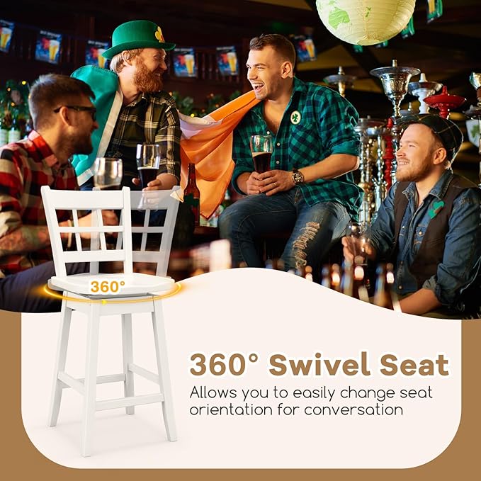 COSTWAY Swivel Bar Stools Set of 4, 24.5 Inch Counter Height Bar Chairs w/Hollow Backrest & Contoured Seat, Wooden Barstools w/Footrest for Kitchen Island, Pub, Bistro, Cafe (4, White)