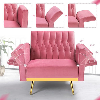 Velvet Accent Chair with Adjustable Armrests and Backrest, Button Tufted Lounge Chair, Single Recliner Armchair with Ottoman and Pillow for Living Room, Bedroom, Pink