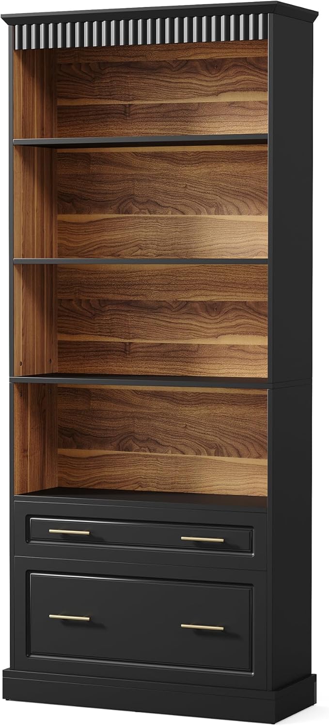 LITTLE TREE 72" Tall Black Bookcase, 5-Tier Office Bookself with File Cabinet Drawers,Modern Floor Standing Storage Filing Cabinet Book Shelf for Living Room,Bedroom