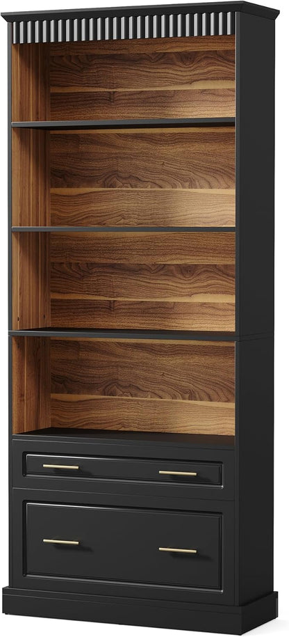 LITTLE TREE 72" Tall Black Bookcase, 5-Tier Office Bookself with File Cabinet Drawers,Modern Floor Standing Storage Filing Cabinet Book Shelf for Living Room,Bedroom