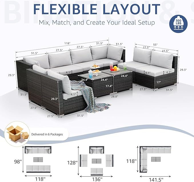 NICESOUL 10 Piece Outdoor Furniture Set, Extra Large Patio Modular Sectional Sofa with Side Tables, 29.3'' High Back Comfy Rattan Conversation for Backyard Garden Deck, Deep Wide Seated Couch, Grey