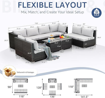 NICESOUL 10 Piece Outdoor Furniture Set, Extra Large Patio Modular Sectional Sofa with Side Tables, 29.3'' High Back Comfy Rattan Conversation for Backyard Garden Deck, Deep Wide Seated Couch, Grey