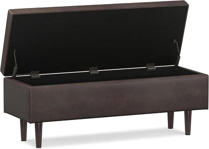 SIMPLIHOME Shay 48 inch Wide Mid Century Modern Rectangular Storage Ottoman in Distressed Chestnut Brown Vegan Faux Leather, Assembled, For the Living Room, Entryway and Family Room