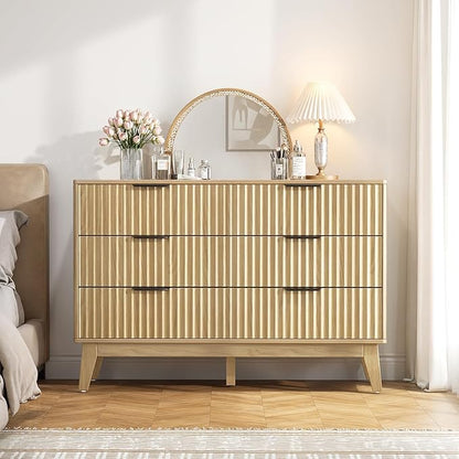 Modern 6 Drawer Dresser, Natural Oak, Fluted Wave Design, Rounded Corners, Mid Century Dresser TV Stand, 48" Wide Chest of Drawers for Bedroom and Living Room