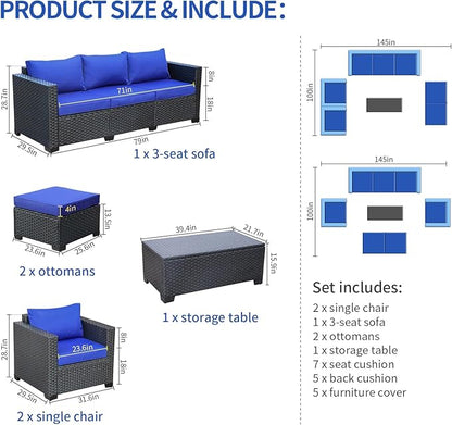 Rattaner 6 Pieces Patio Wicker Furniture Set Outdoor PE Rattan Conversation Couch Sectional Chair Sofa Set with Royal Blue Cushions
