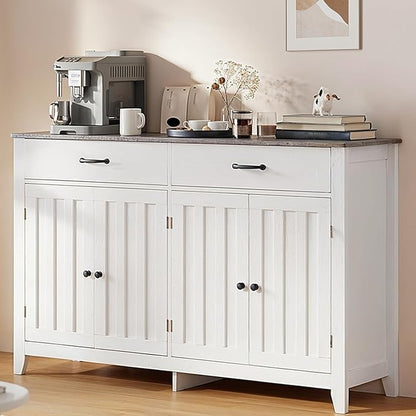 Gizoon 55" Buffet Cabinet, Sideboard Buffet Cabinet with Storage, Modern Coffee Bar with 2 Drawers and 4 Doors, Kitchen Pantry Storage, Wood Kitchen Sideboard Table, Adjustable Shelf, White/Grey