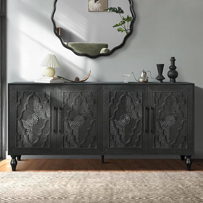 Sideboard Buffet Credenzas for Living Room, 63" Antique Black Entryway Table with Storage Accent Cabinet, Carved Flowers Doors & Wire Holes